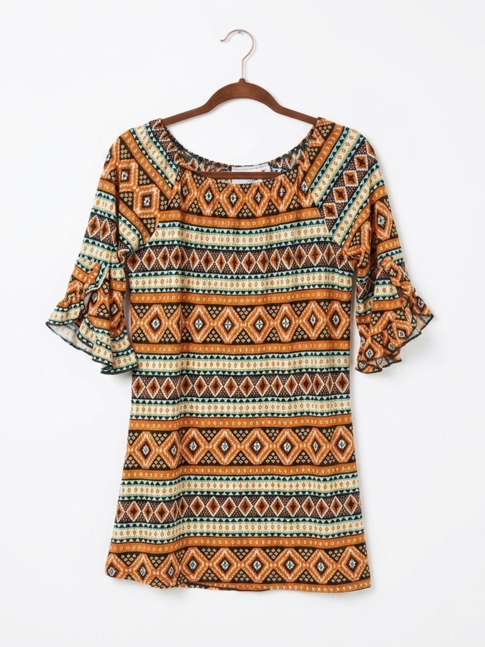 Vintage 90s Jody California Southwestern Aztec Print Ruffle‎ Bell Sleeve Tunic L